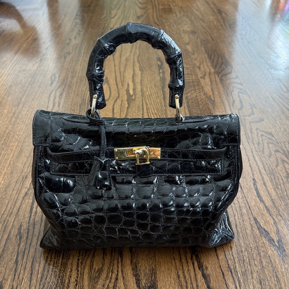 Genuine Patent Crocodile “Hermes Kelly Style” Top Handle Bag with Gold-Tone Lock